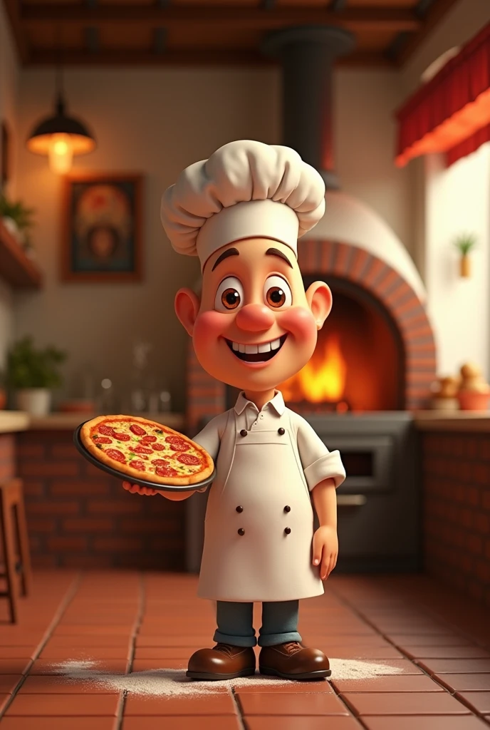 Pixar-style bald pizza maker