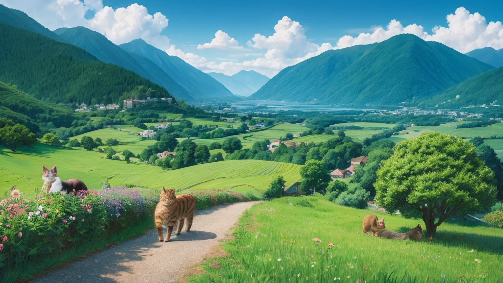 Ghibli style landscape Cat wideshot