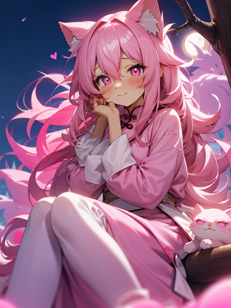 Pink cat ears, Pink cat tail, messy hair, long hair, pink hair, white and pink clothes, pink eyes, slight blush, happy face, sitting on a tree, shy feeling, moonlight, in love, pink and white chinese dress, night time, night, long sleeves, full-face blush, heart-shaped pupils, Style soft