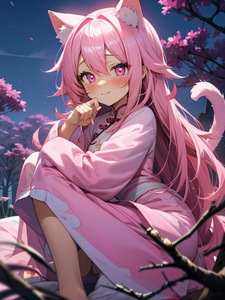 Pink cat ears, Pink cat tail, messy hair, long hair, pink hair, white and pink clothes, pink eyes, slight blush, happy face, sitting on a tree, shy feeling, moonlight, in love, pink and white chinese dress, night time, night, long sleeves, full-face blush, heart-shaped pupils, Style soft