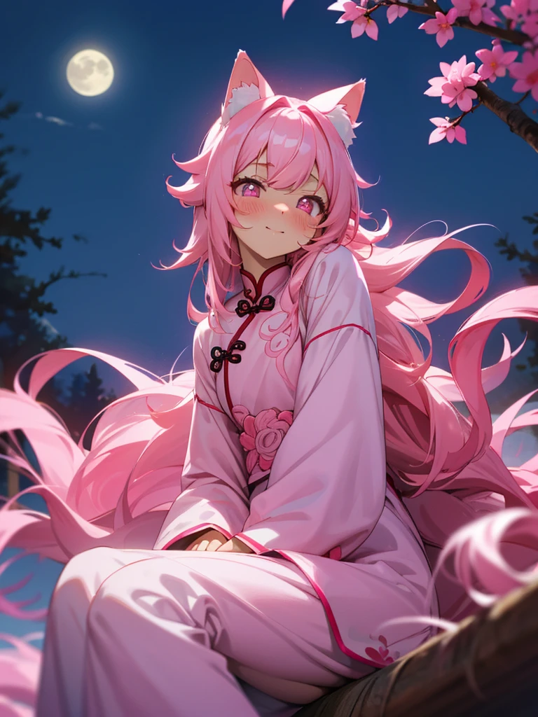 Pink cat ears, Pink cat tail, messy hair, long hair, pink hair, white and pink clothes, pink eyes, slight blush, happy face, sitting on a tree, shy feeling, moonlight, in love, pink and white chinese dress, night time, night, long sleeves, full-face blush, heart-shaped pupils, Style soft