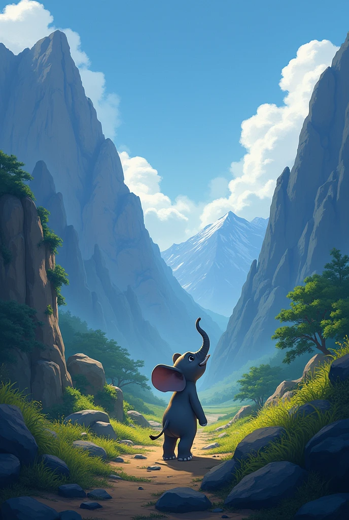 "Illustrate a dramatic scene where Pipoca, the brave young elephant, shouts 'Echo!' with all his might, causing his voice to reverberate through the mountains. Capture the moment when the mountains respond with a deep roar, startling Pipoca, who takes a step back in surprise. The Echo Valley should feel vast and powerful, with the style emphasizing the unexpected and magical nature of the echo."