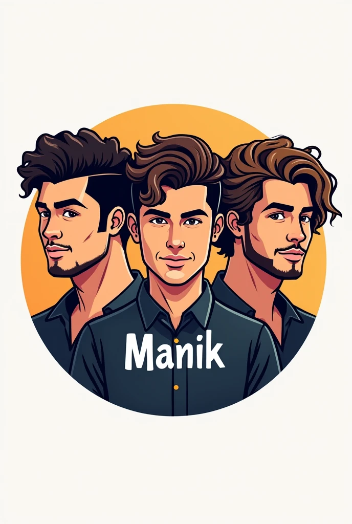 Logo of three male friends , 2 curls and one straight hair with the word manik in the middle