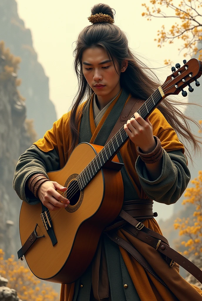 , , He is a young Taoist with long European hair and face..., , I was playing with an erhu in my hand.. I was playing with an erhu in my hand.., , He is very handsome., , He wore leather armor.., , he is a bard., , he is a bard., , he is a bard., , The background behind him is a mountain., and the background is pure gold, not white., with tools