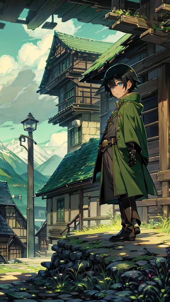 yuichiro hyakuya, (WithoutFear:1), 1 boy, black hair, green eyes, brown coat, gray armor, green shield, green cloak, dark brown gloves, town, white fur trim, tall, anime, standing, good quality, portrait, looking at viewer