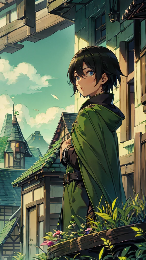 yuichiro hyakuya, (WithoutFear:1), 1 boy, black hair, green eyes, brown coat, gray armor, green shield, green cloak, dark brown gloves, town, white fur trim, tall, anime, standing, good quality, portrait, looking at viewer