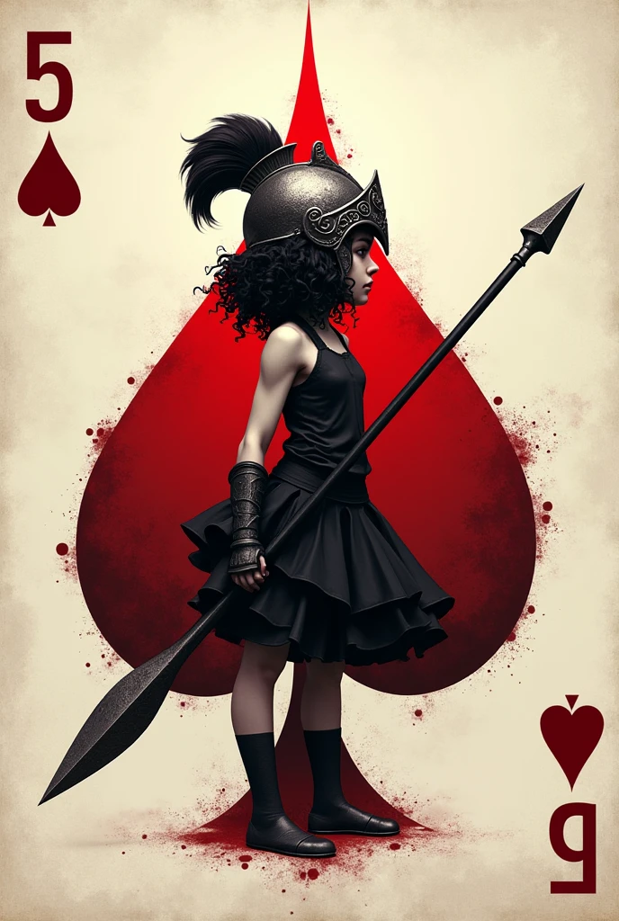 I would like an image of a playing card, with the symbol of a drop of blood (🩸) as suit, with number 5, in the center there is a girl with curly hair who does not reveal her face, she is turned, on his head is a helmet like that of the Greek god Ares, she holds a spear. 