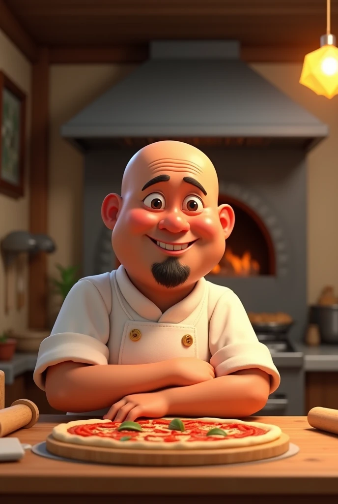 Pixar-style bald pizza chef with goatee