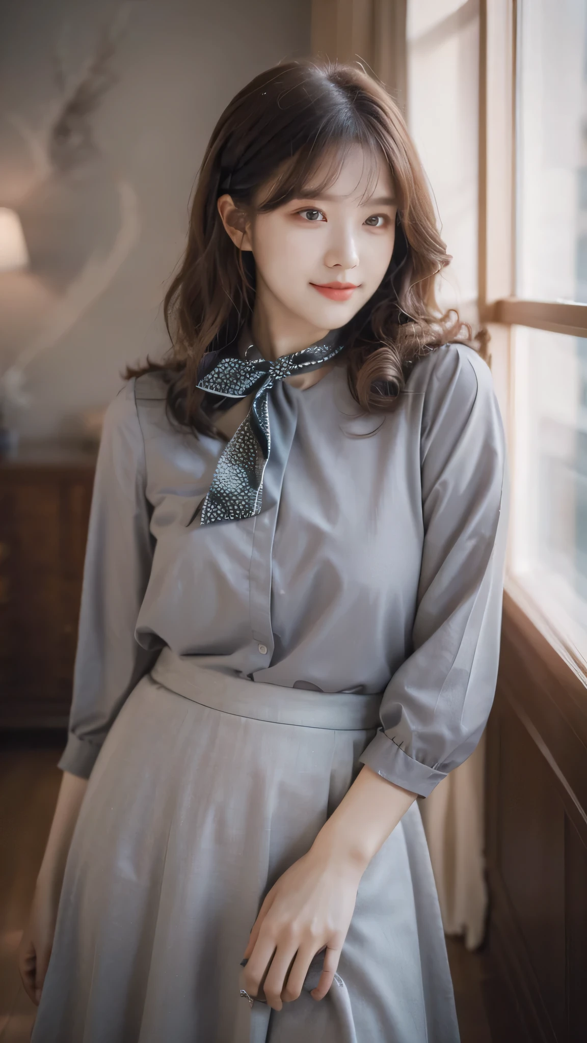detailed background, masterpiece, best quality, 1 person , curly hair, long hair, purple eyes, star in eye , grey blouse, long skirt, grey , grey blouse , beautiful bow, detailed bow, indoor