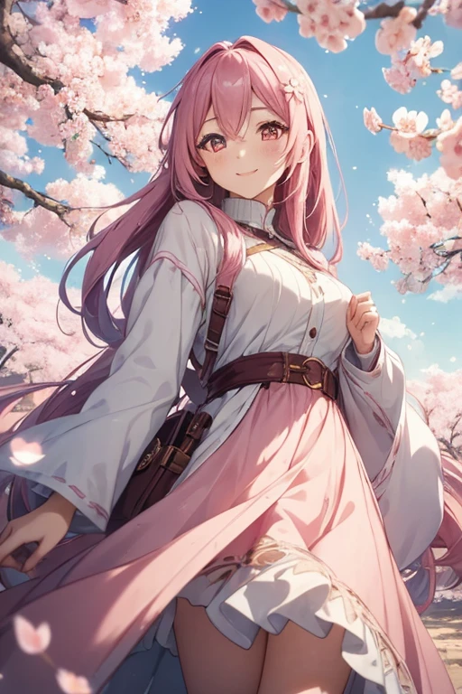 A cute female anime character, detailed facial features, large expressive eyes, warm smile, long flowing hair, adorable outfit, in a whimsical fantasy landscape, beautiful cherry blossom trees, soft pastel colors, cinematic lighting, intricate details, masterpiece, 8K, photo-realistic, todomomo