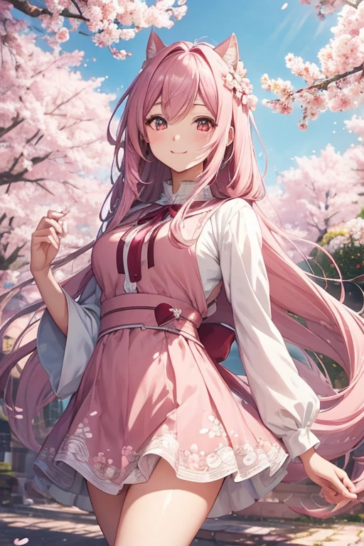 A cute female anime character, detailed facial features, large expressive eyes, warm smile, long flowing hair, adorable outfit, in a whimsical fantasy landscape, beautiful cherry blossom trees, soft pastel colors, cinematic lighting, intricate details, masterpiece, 8K, photo-realistic, todomomo