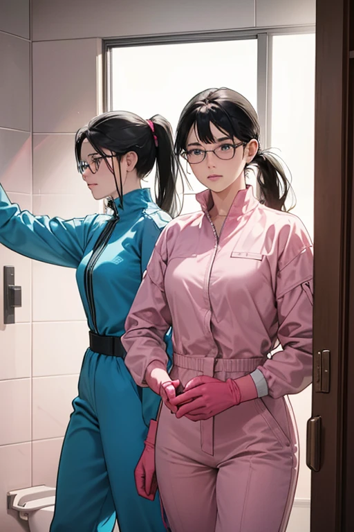 In the bathroom, two mature women with glasses and black hair tied up in a ponytail are wearing large pink rubber gloves, white cloth wrapped around their heads, blue long-sleeved jumpsuits, and holding submachine guns with sad expressions on their faces.
