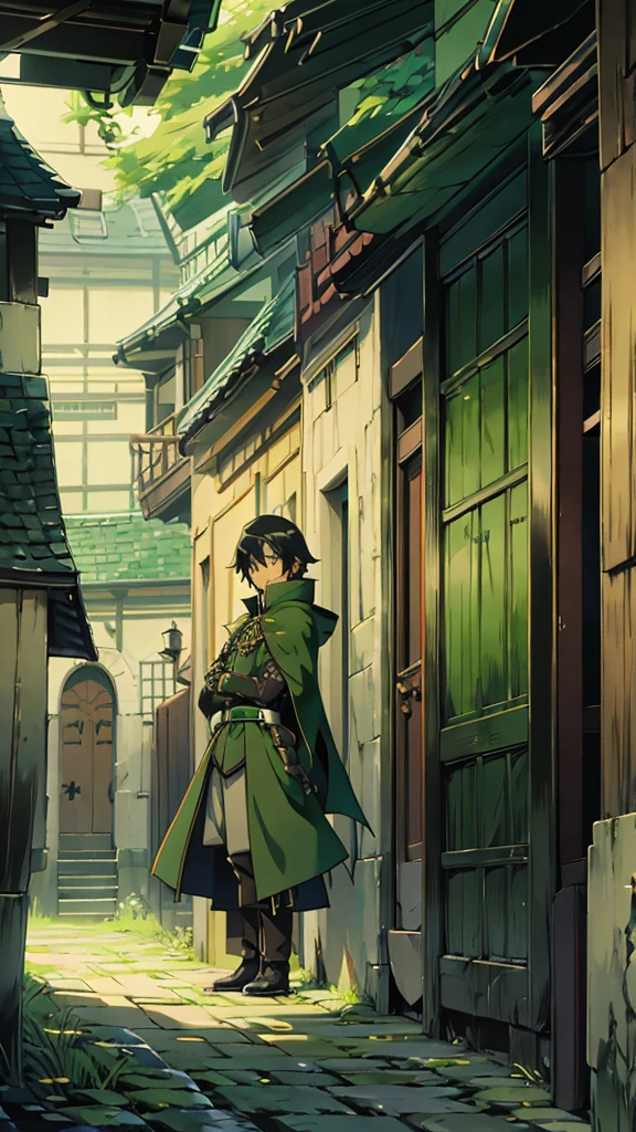 yuichiro hyakuya, (WithoutFear:1), 1 boy, black hair, green eyes, brown coat, gray armor, green shield, green cloak, dark brown gloves, town, white fur trim, tall, anime, standing, good quality, portrait, looking at viewer