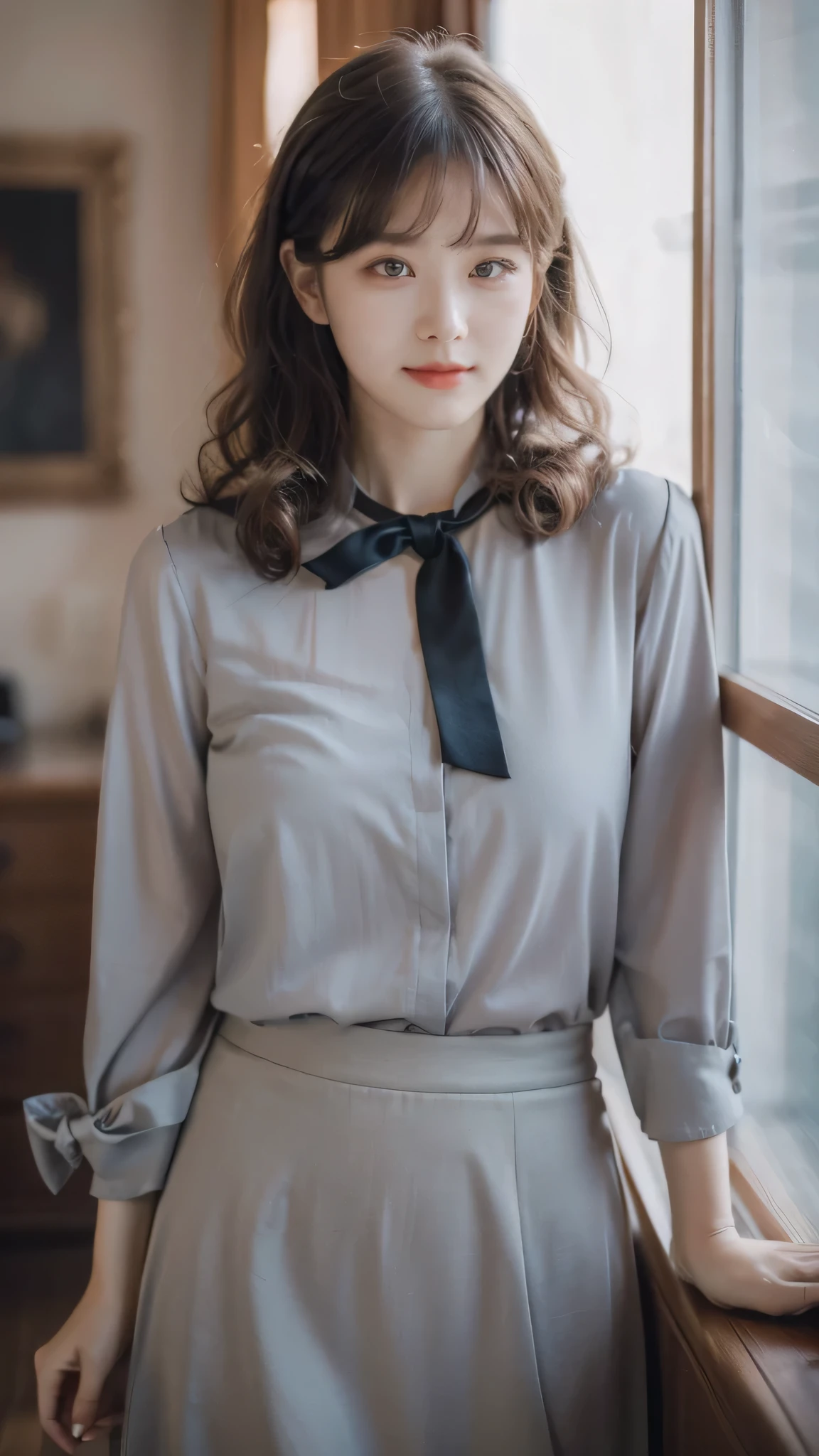 detailed background, masterpiece, best quality, 1 person , curly hair, long hair, purple eyes, star in eye , grey blouse, long skirt, grey , grey blouse , beautiful bow, detailed bow, indoor