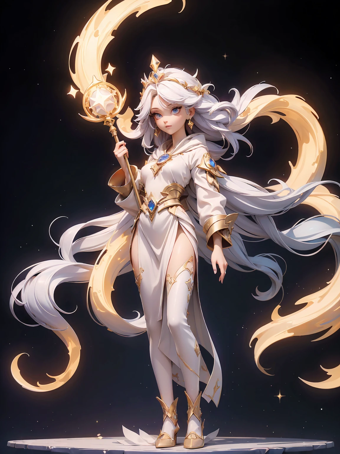 (((masterpiece, best quality, high detailed, 16k))) (1girl) A dazzling celestial priestess with flowing white hair that shimmers like stardust, and eyes that glow with the light of distant galaxies. She wears robes of deep purple and gold, decorated with star motifs and celestial symbols. She holds a staff crowned with a radiant star, and her presence is both ethereal and divine. ((full body view))