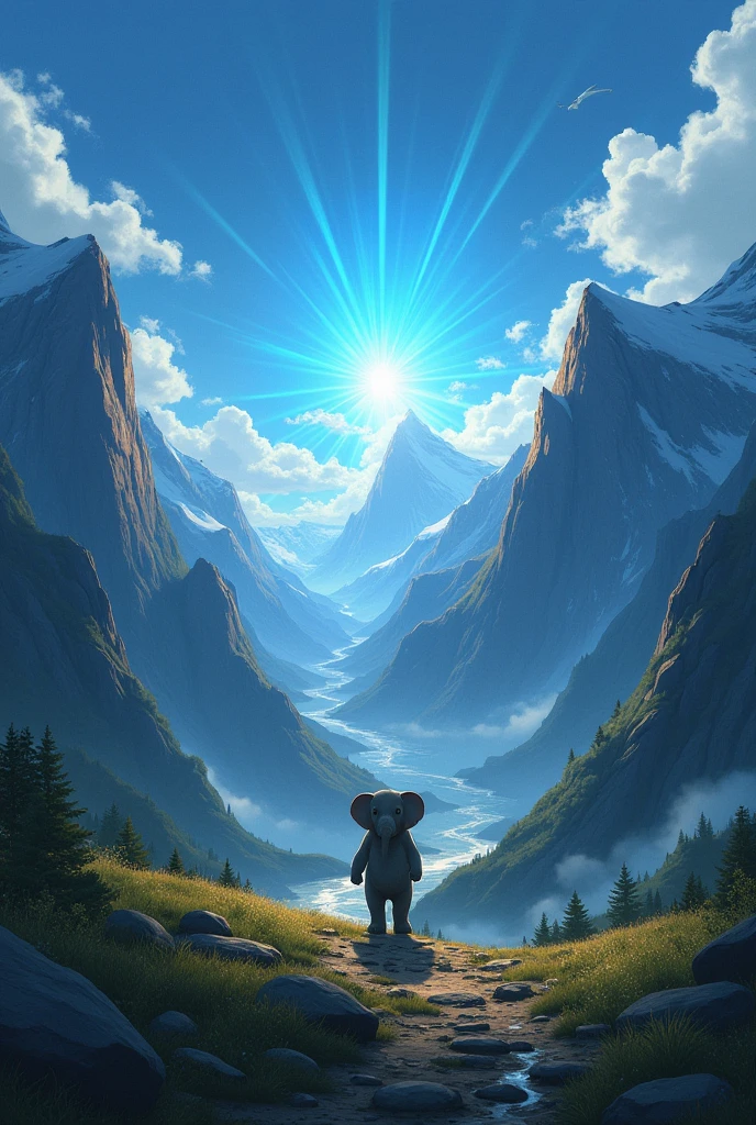 "Illustrate a dramatic scene where Pipoca, the brave young elephant, shouts 'Echo!' with all his might, causing his voice to reverberate through the mountains. Capture the moment when the mountains respond with a deep roar, startling Pipoca, who takes a step back in surprise. The Echo Valley should feel vast and powerful, with the style emphasizing the unexpected and magical nature of the echo."