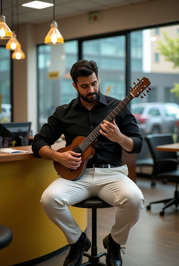 Make a photo of a guy who is working in a Cricket wireless store and playing rabab instrument a guy should be black hair ... Short hair.... and little bit of a beard black shirt and white pants, sitting on a stool