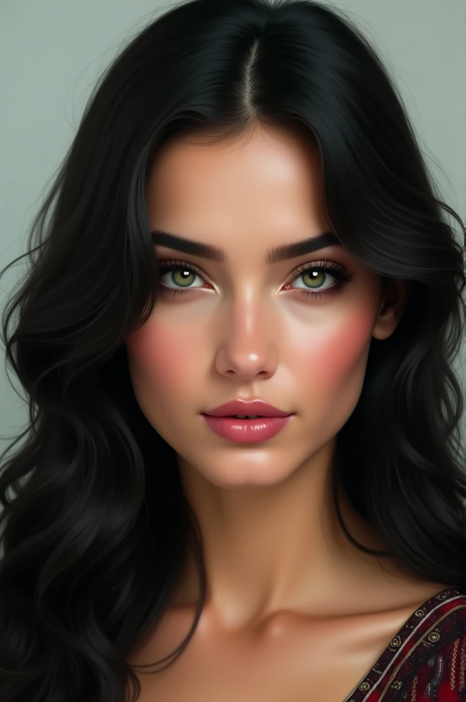 Arabic woman green eyes black hair white skin sexy face big pink lips