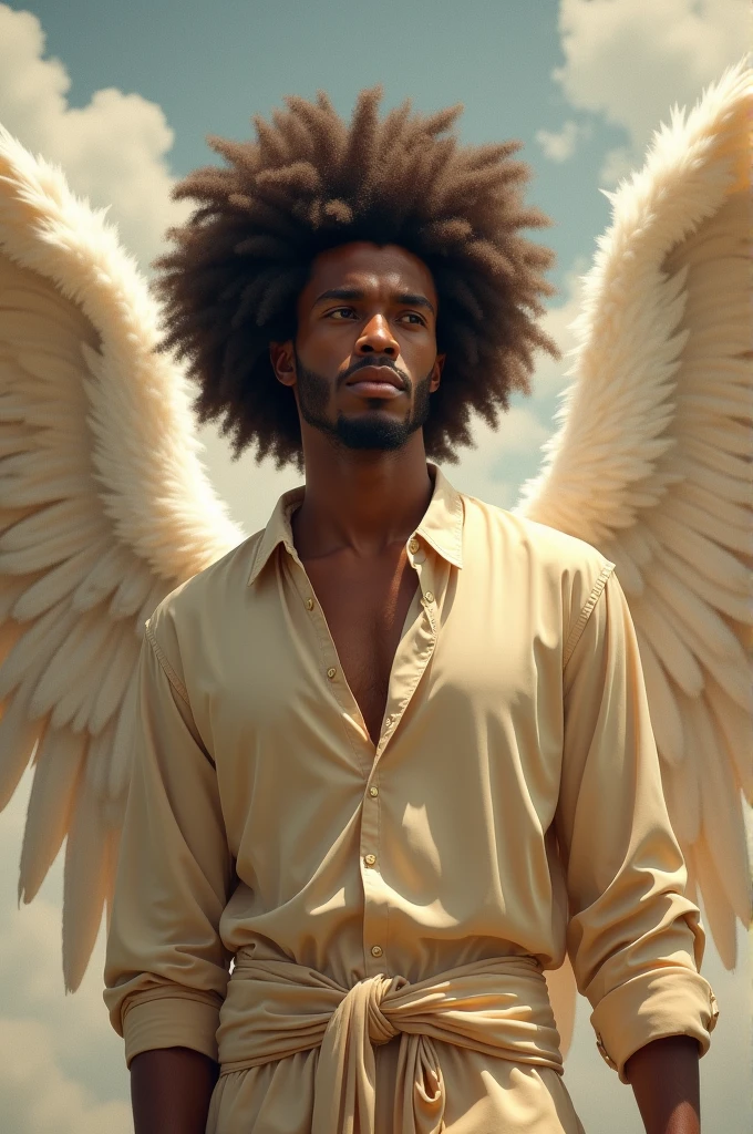 black male,with afro hair, in beige clothes with angel wings