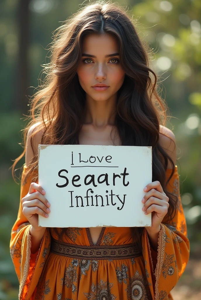 Beautiful girl with wavy long hair, bohemian dress, holding a white board with text "I Love Seaart Infinity" and showing it to the viewer