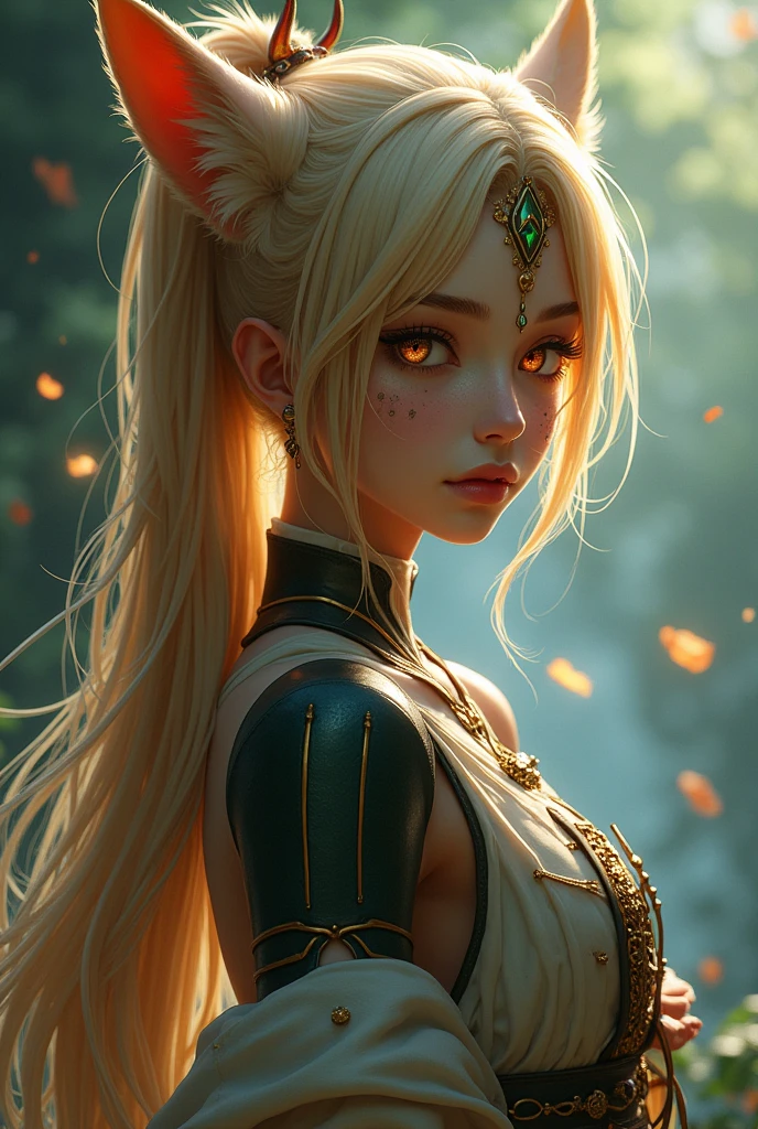 Girl with long fox ears, dark skin with vitiligo, has one green eye and one orange eye and long sandy colored hair, tied only with a long ponytail.In genshin impact style