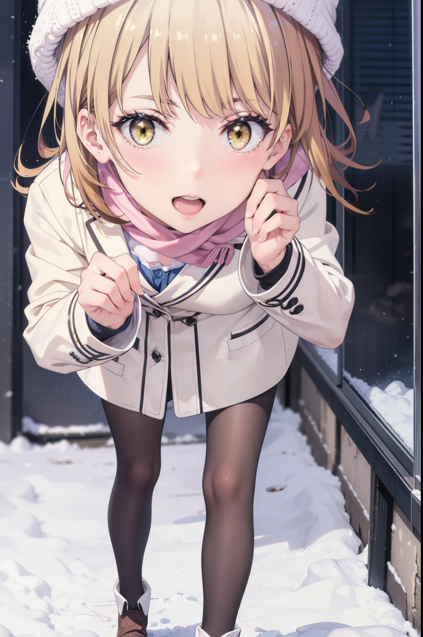 Irohaisshiki, isshiki iroha, Long Hair, Brown Hair, (Brown eyes:1.5), smile,Open your mouth,White Breath,low twin tail,Knitted hat,White scarf,Yellow long coat Open front,Pink v-neck sweater,Short denim,Black pantyhose,short boots,Walking,snowが降っている,snowが積もっている,moon,night,snow,snow,snow,snow,whole bodyがイラストに入るように, break outdoors, Building district,
break looking at viewer,whole body,
break (masterpiece:1.2), Highest quality, High resolution, unity 8k wallpaper, (figure:0.8), (Beautiful attention to detail:1.6), Highly detailed face, Perfect lighting, Highly detailed CG, (Perfect hands, Perfect Anatomy),