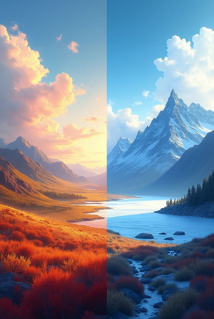 Give me 2 landscapes the same drawing, where you show the warm colors and cold colors well apart from these two shades