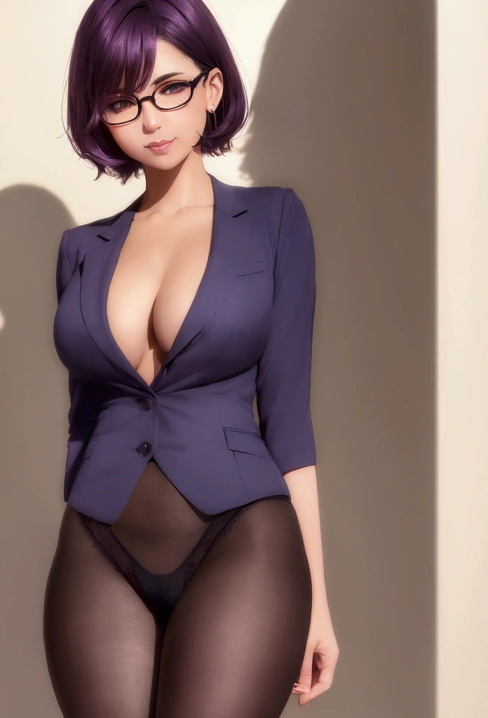 Woman, (tan skin:0.5), squared rimless glasses, cute face, short dark purple hair, swept bangs, yellow eyes, medium , abs, thick thighs, blue business suit, purple shirt, open shirt, cleavagblue skirt, ripped pantyhose, smir seductive eyes, (realistic:1.2), (shading:1.3), (shadows:1.3), cinematic lighting, edge blurring, office building,