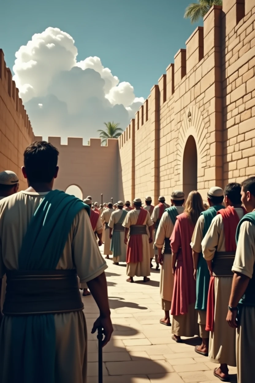 Biblical character Nehemiah rebuilding the walls with many people