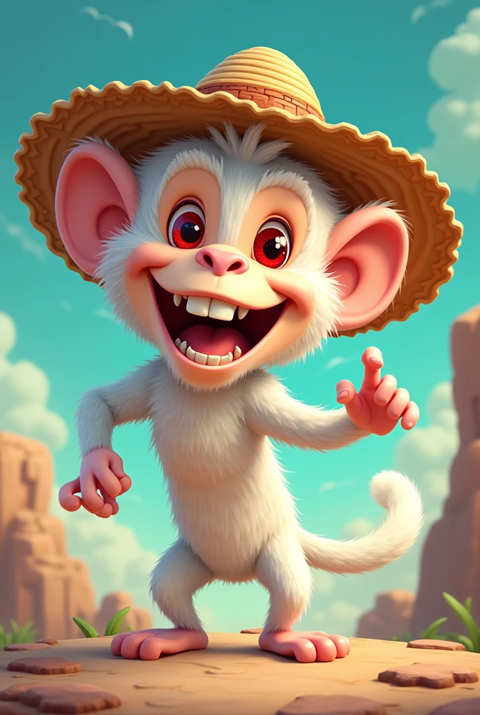 Make a smiling adult monkey with a straw hat and white fur, curly white hair, Red eyes, and which has the power to stretch, in the classic cartoon style with Looney Tunes or Poca Pau, I want him to have toon force