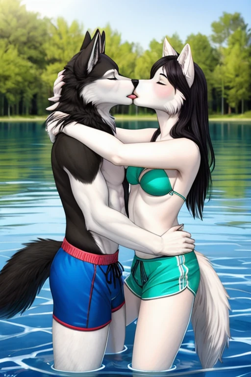 Forest black wolf swim trunks kissing white wolf bikini in lake