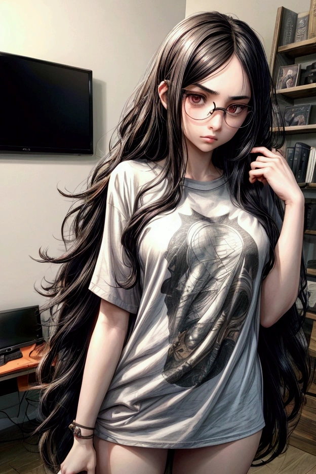 young woman, beautiful, black hair, tangled hair, Long hair, very long hair, thick glasses, Brown eyes, Pale skin, baggy eyes, long t-shirt, Game of Thrones T-shirt, without pants, consola nintendo switch, serious face