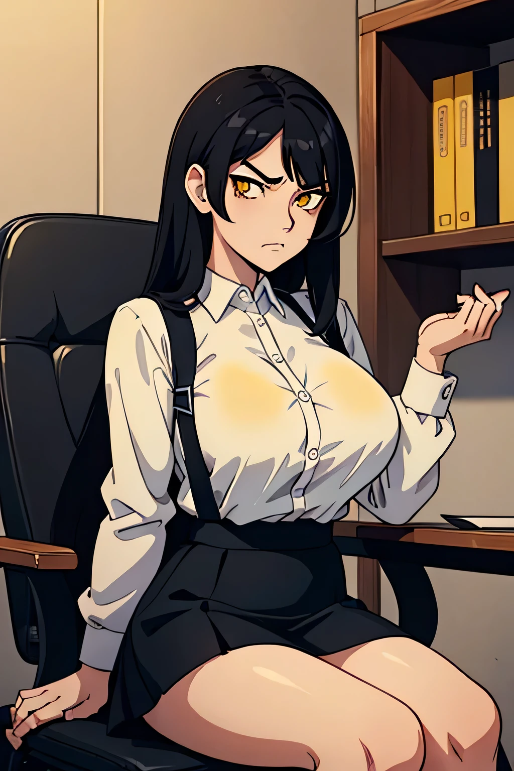 a one woman , white shirt, black miniskirt ,blackstockings. (((big straight black hair))), ((( sitting on the chair ))), (((yellow eyes))), angry facial expression,