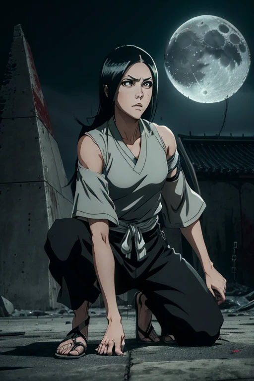 one woman, 8k resolution full body, perfect detailed facial features, grey top outfit, black shinobi sandals, grey pants with light green waist ribbon, sword sheathed on back, concept art, naruto inspired, masashi kishimoto art style, brown eyes, long black hair down ((long flowing black hair)) , cold expression, blood splatters ((PERFECT FACE)) ((crouching on abandond building)) ((moon light back ground))