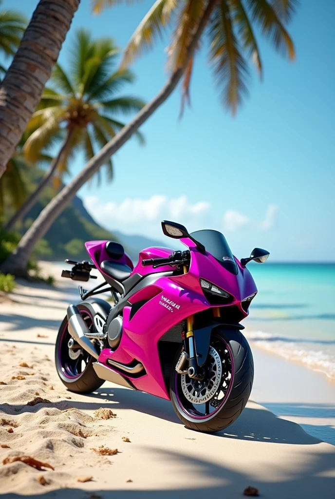 Fuchsia motorcycle on the beachfront.