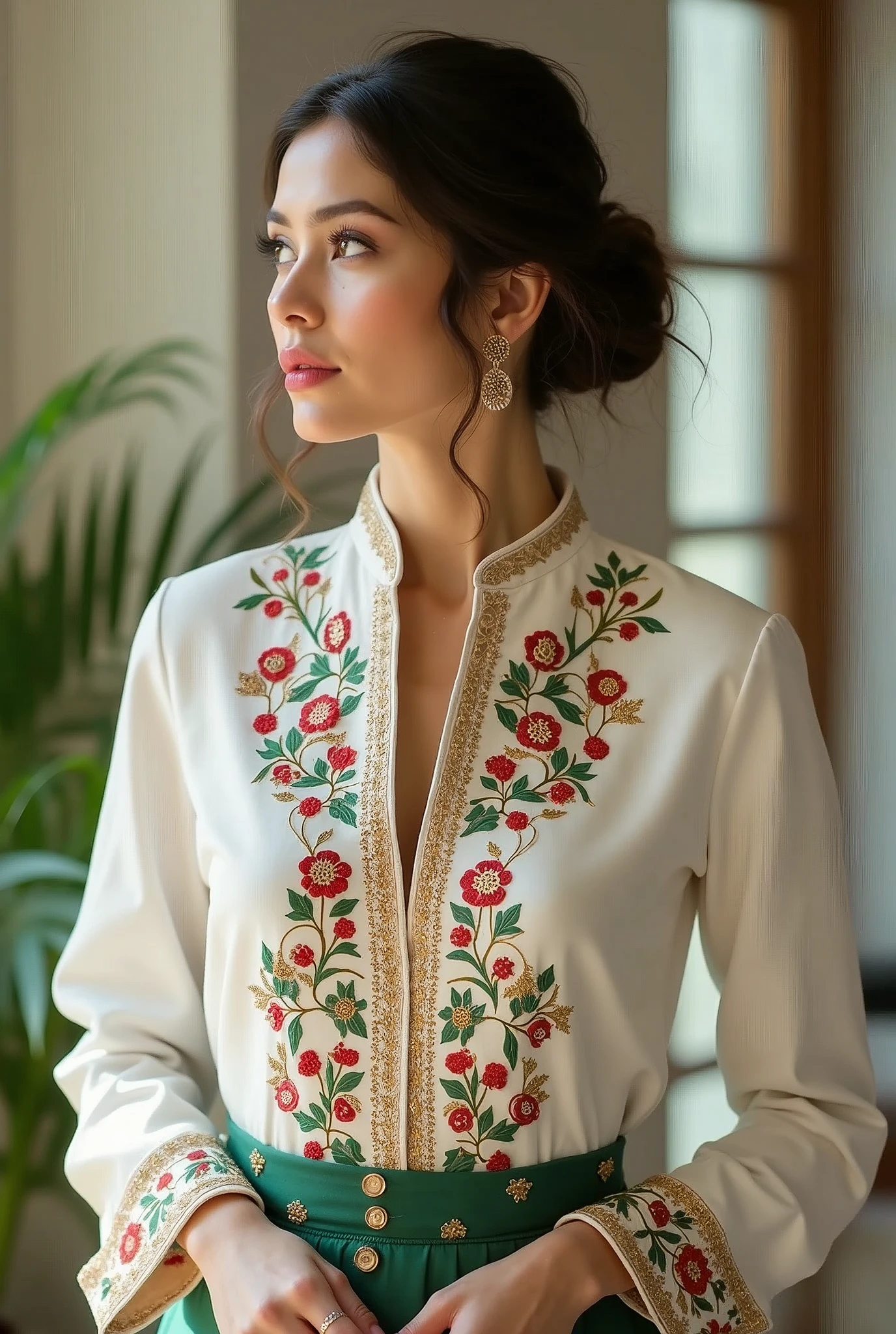 I want a white shirt with green and red with gold embroidery