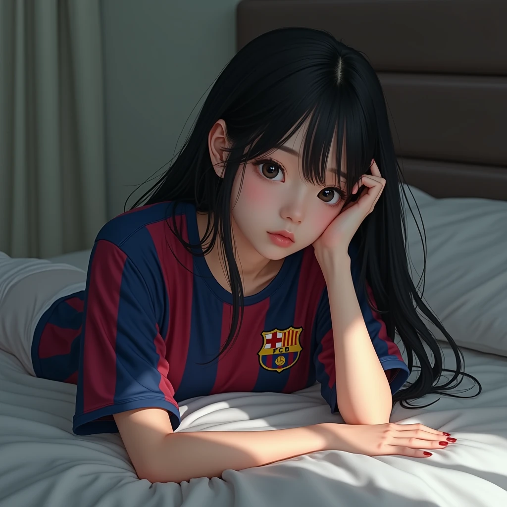 Black-haired korean girl lying on a bed looking in front of the camera, wearing a Barcelona soccer team shirt, with Messi's 10 number, black hair, she covering her face with her hand, pale, and long hair, showing the shirt, 