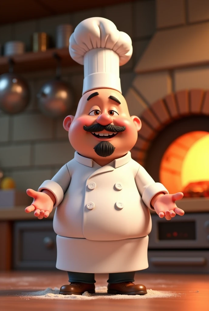 Pixar-style bald pizza chef with goatee 