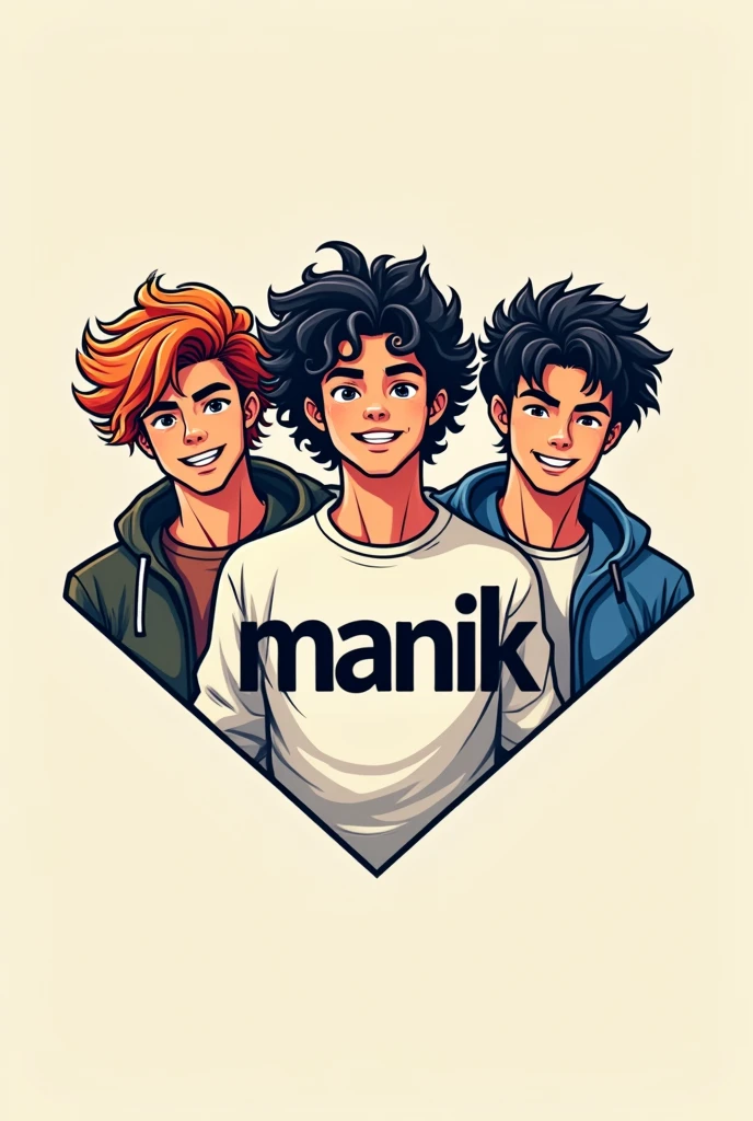 Logo of three teenage male friends , 2 that are curly, one with straight hair and it says manik in the middle