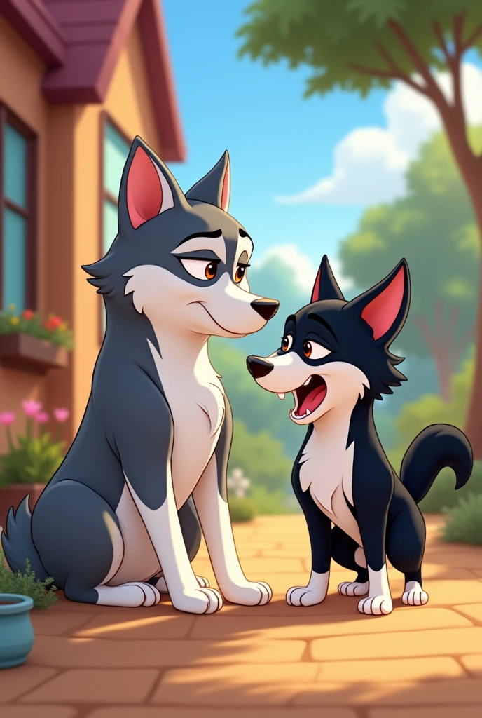 cartoon, look like zootopia, two dogs, husky, first is white and gray, second is black and white, background is a house, first is annoyed by the second
