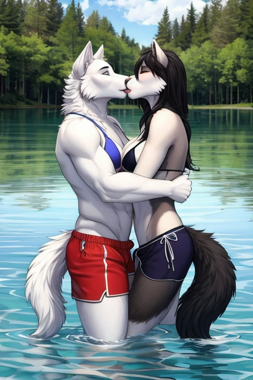 Forest black wolf swim trunks kissing white wolf bikini in lake