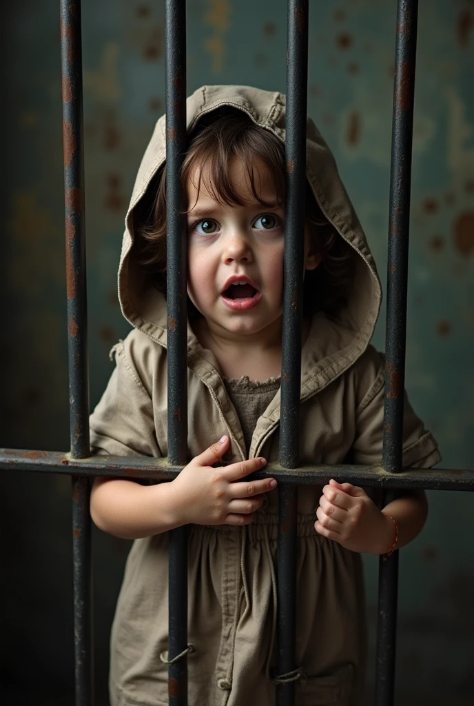 Caged and shackled children crying dressed in rags