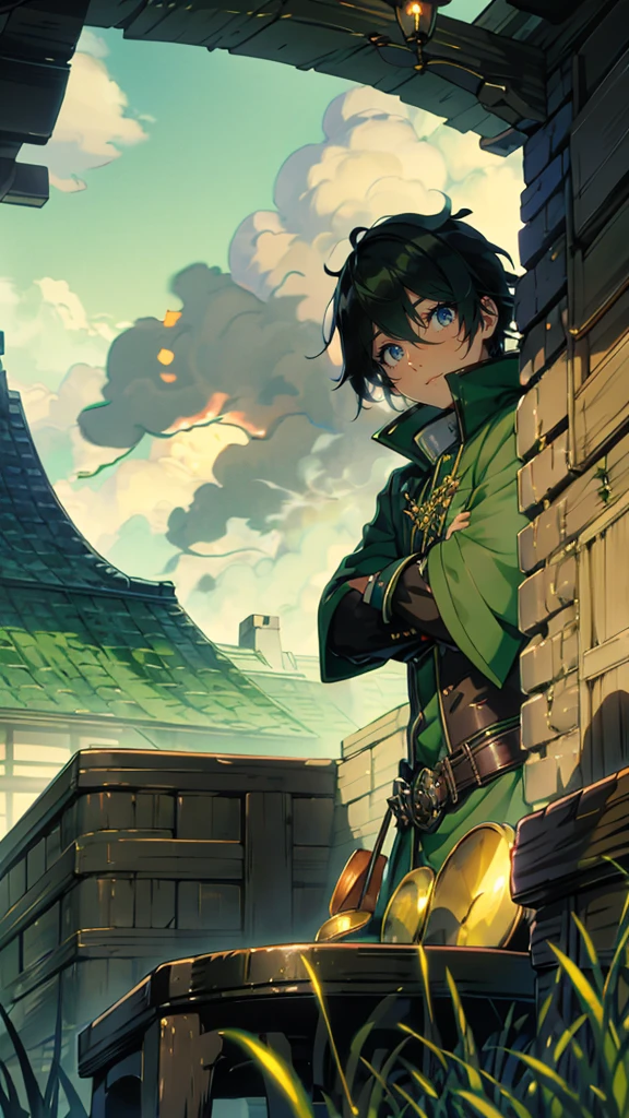 yuichiro hyakuya, (WithoutFear:1), 1 boy, black hair, green eyes, brown coat, gray armor, green shield, green cloak, dark brown gloves, town, white fur trim, tall, anime, standing, good quality, portrait, looking at viewer