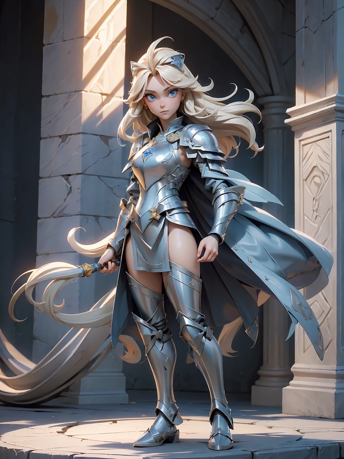 (((masterpiece, best quality, high detailed, 16k))) (1girl) A noble knight with flowing blonde hair and bright blue eyes, clad in shining silver armor adorned with royal blue accents. She carries a large shield emblazoned with a regal lion and wields a longsword that glows with holy light. Her stance is strong and unyielding, exuding an aura of protection and valor. ((full body view))
