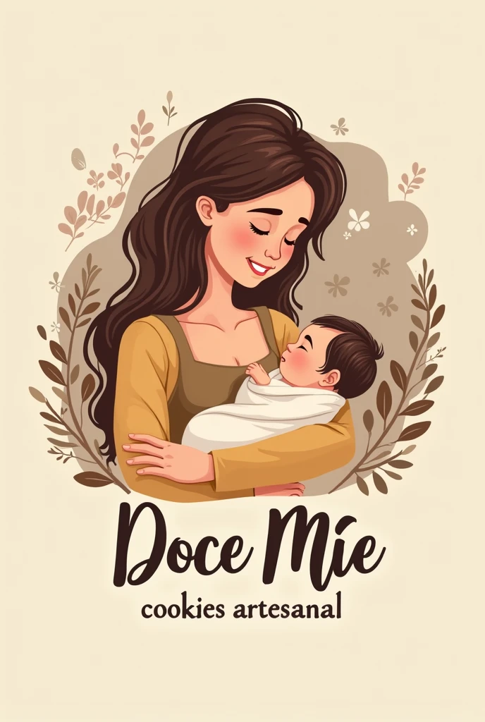 Create a logo for a bakery, a young woman and mother with a baby on her lap and cookie theme with name Doce Mãe in Portuguese e escrito cookies artesanal 