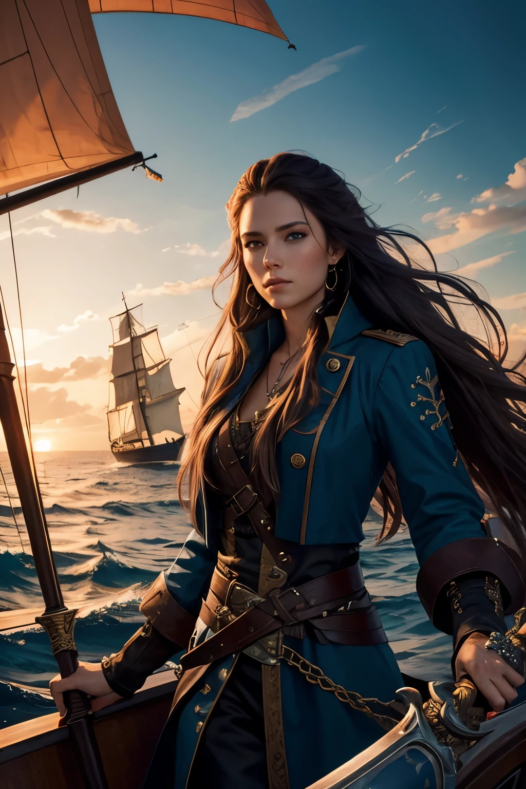 A female pirate with piercing blue eyes, long flowing hair, a long coat, and holding a cutlass, sailing on a ship at sunset, dramatic lighting, rich colors, digital art, highly detailed, cinematic, photorealistic