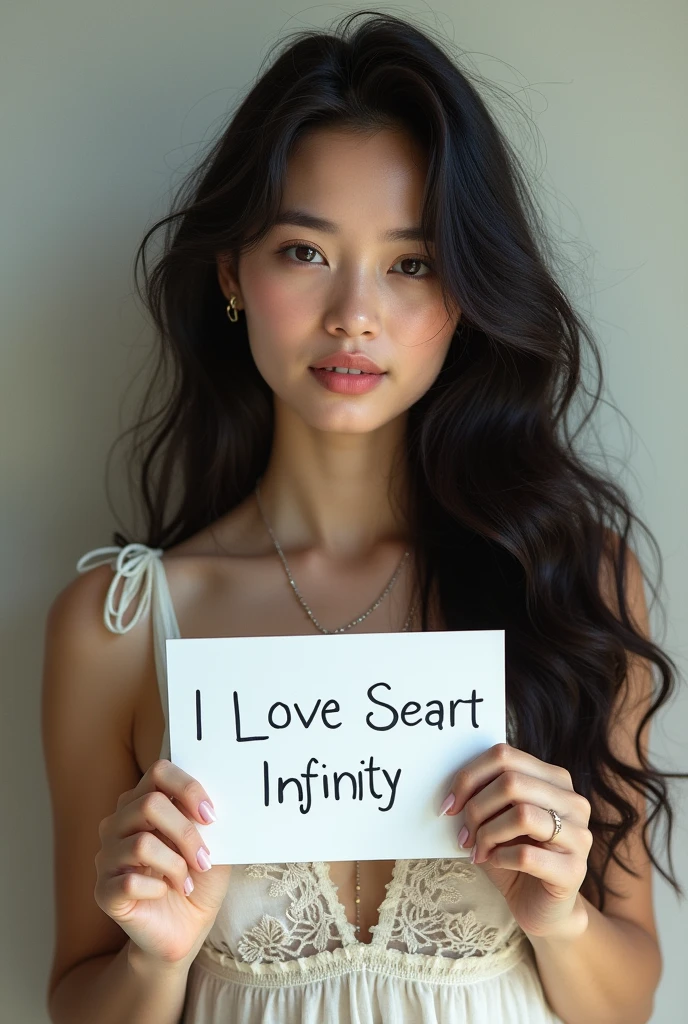 Beautiful girl with wavy long hair, bohemian dress, holding a white board with text "I Love Seaart Infinity" and showing it to the viewer