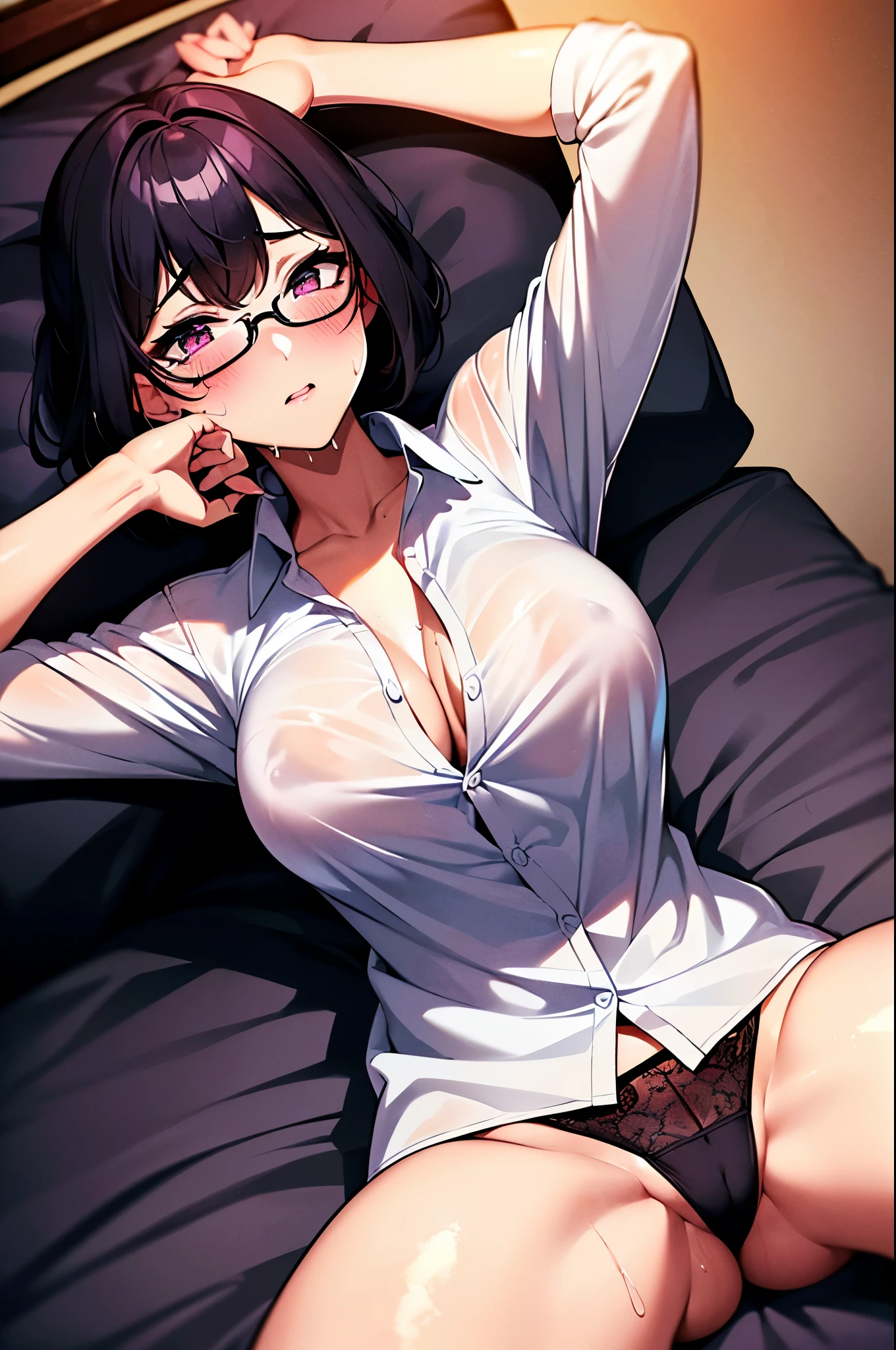 (high quality,masterpiece,4K,8k,(high resolution:1.8）Detailed shadow depiction:1.5）,
A dimly lit room late at night,（In the center is a light purple double bed seen from above）,Mature woman with outstanding style,Semi-short black hair,Glasses,（Lying in bed:1.7,（（（Naked shirt:1.5）,（Large stand-up collar:2,））））,
（（Put your hands on your head:1.6,（Spread your legs wide:1.8））,Ahegao,blush,Covered in sweat）,Facing forward,Drooling,Semen in the crotch,
