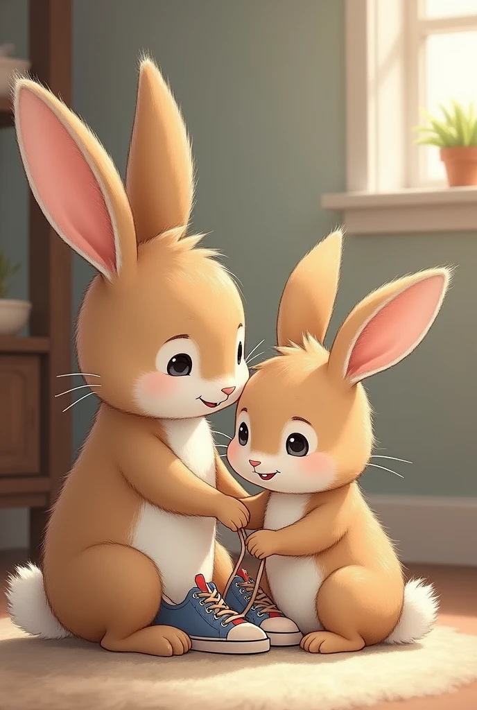 Bunny learning to tie shoelaces with his mommy bunny