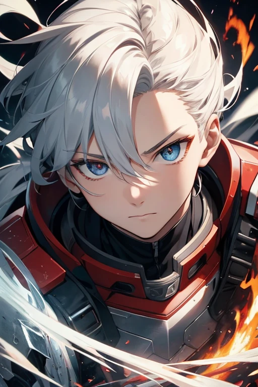 masterpiece, detailed portrait of Shoto Todoroki, heterochromia eyes, one blue eye one grey eye, strong facial features, sharp jawline, intense gaze, half-and-half hair color, red and white, ice and fire, dramatic lighting, dynamic pose, powerful and intense, cinematic, hyper-realistic, 8k, photorealistic, intricate details, seamless, studio lighting